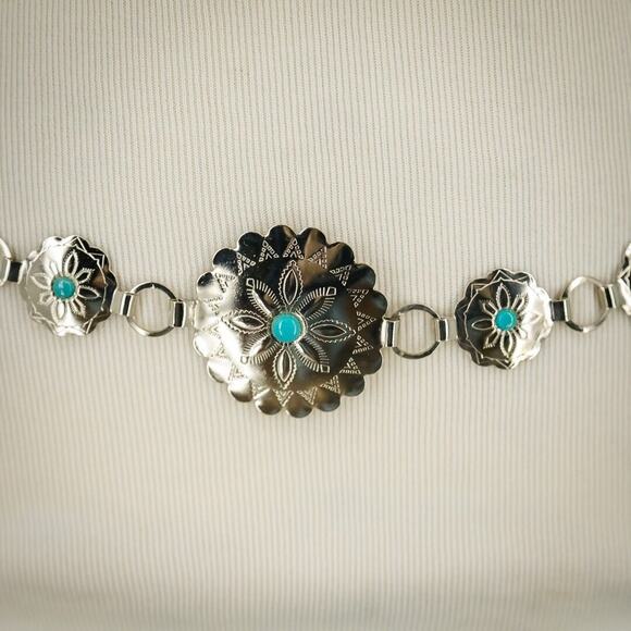 Silver Tone Carved Etched Metal Turquoise Cabochon Chain Southwest Style Belt